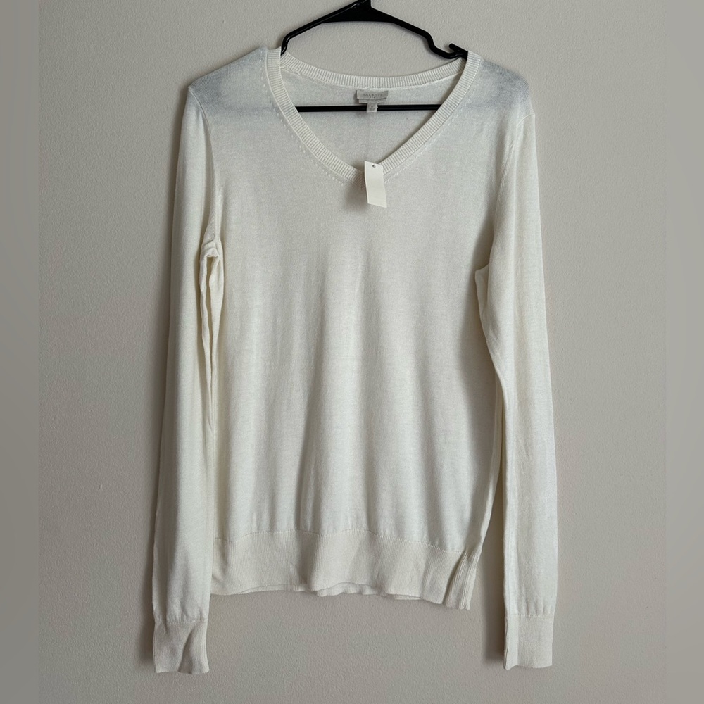 White Cream V Neck Long Sleeve Light Sweater